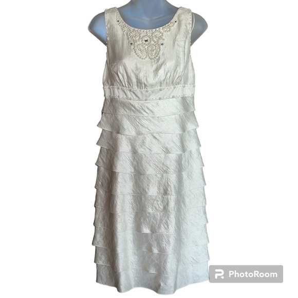 Adrianna Papell Ivory Sleeves Tiered Ruffles Mini Dress with Embellishme… - Picture 1 of 14